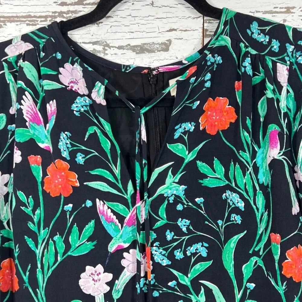KATE SPADE  Jardin Crepe Romper Black with Floral Hummingbird Print Size 0 NWOT